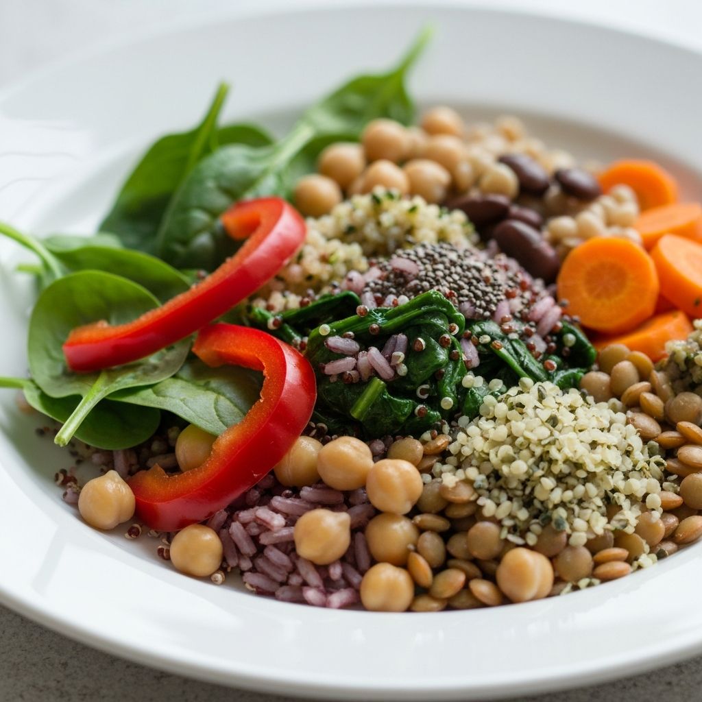 Colorful plant-based meal with vegetables and grains